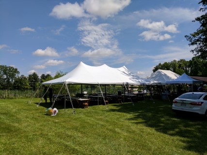Lakeside Wedding Reception - 20' x 40' Tent, Wooden Chairs, Rectangular and Round Tables. 10' x 10' Pop-up Tent.