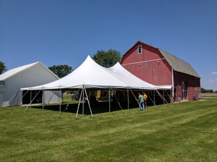 Rustic Barn Wedding and Reception - 40' x 60' Tent, Wooden Chairs, Rectangular and Round Tables.