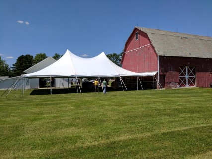Rustic Barn Wedding and Reception - 40' x 60' Tent, Wooden Chairs, Rectangular and Round Tables, Tent Gutter.